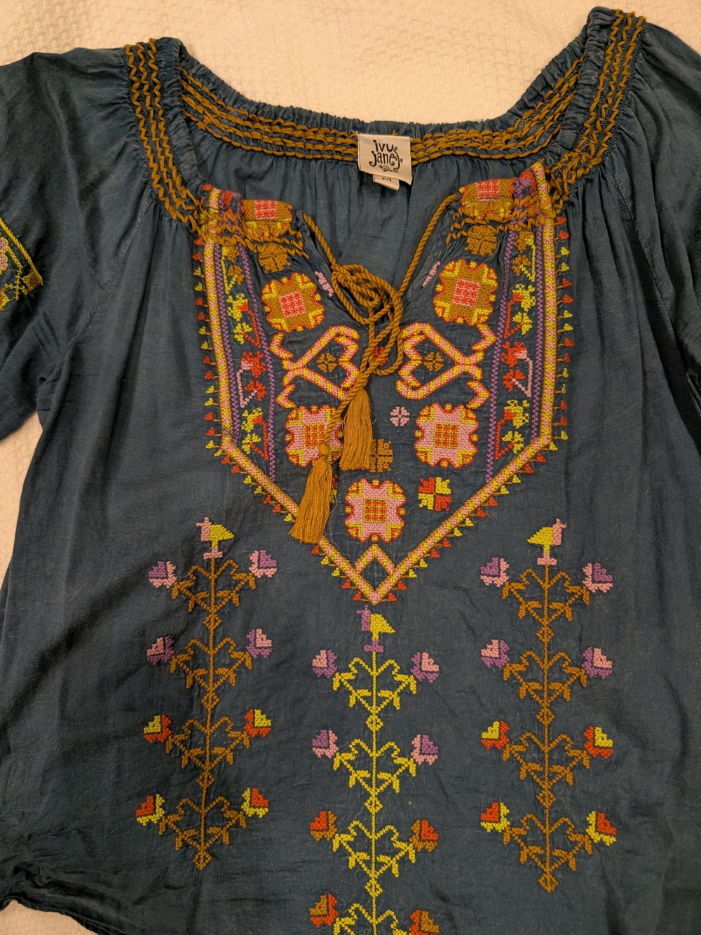 Ivy Jane Indigo Embroidered Peasant Tunic with Mustard Tassels